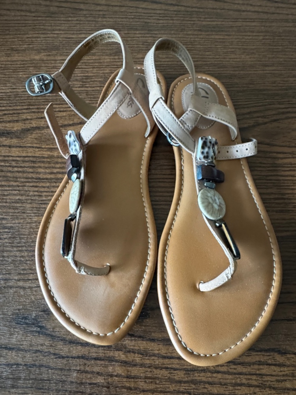 Clarks Tan and Cream Beaded T-Strap Sandals